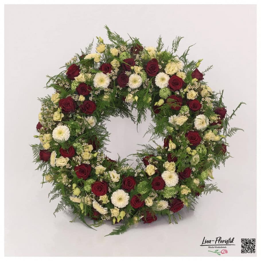 Trauerkranz mit roten Ecuador Rosen "Explorer", Gerbera und Lisianthus